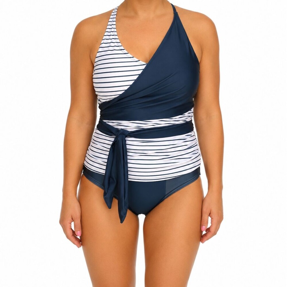 NEW Nani Swimwear Wrap-Tie Tankini Top Womens Large Pinstripe Swimsuit Swim Suit